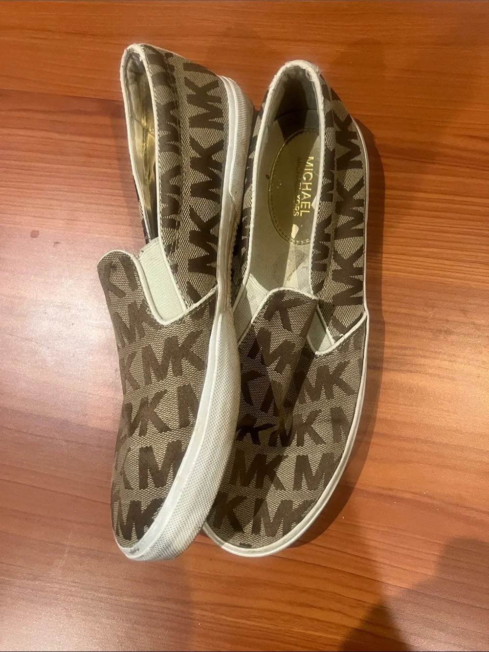 Michael Kors Brown and Cream MK Logo Slip-On Sneakers